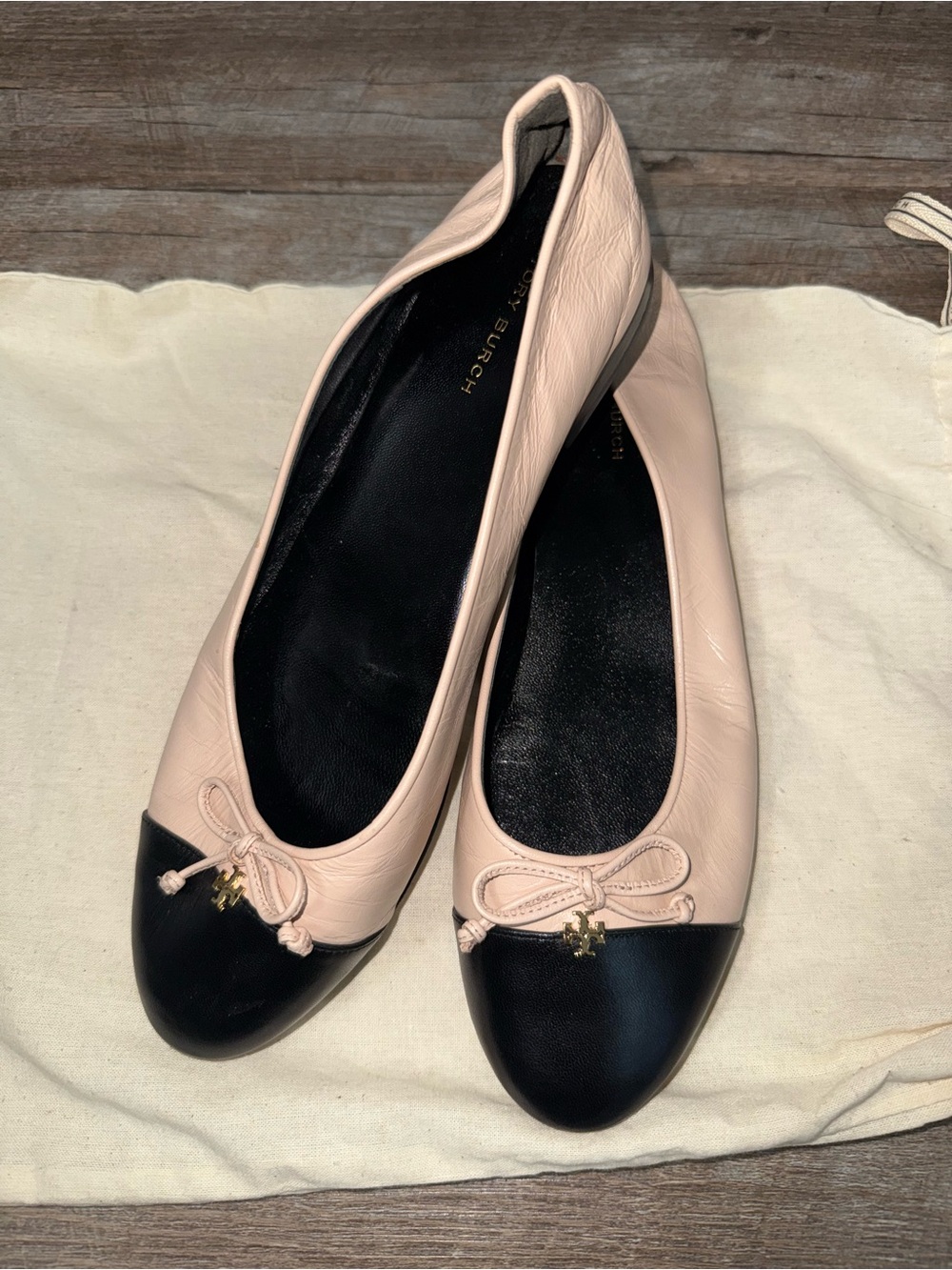 Tory Burch Blush Pink and Black Cap-Toe Ballet Flats